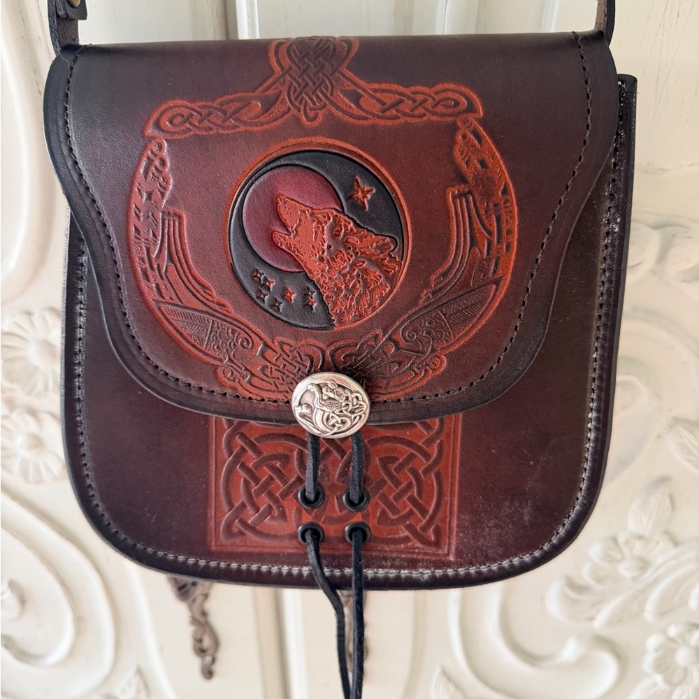 Vintage Holy Cow Tooled Leather Wolf Embossed Crossbody Bag
